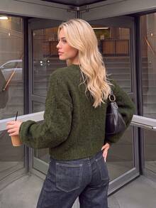 Nicenter Women's Fall‑Winter Cozy Wool Blend Fuzzy Knit Crew Neck Frog Button Oversized Cropped Cardigan Sweater Tops Fall‑Winter Clothes For Women - Army Green - View 2