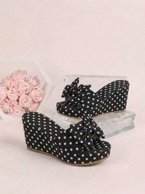 Women's Wedge Platform Sandals, Polka Dot Bow Decor, Lightweight Comfortable Fashion Commute Slip-On Sandals