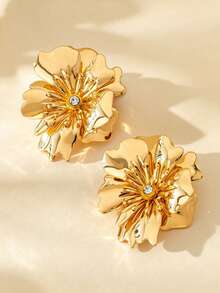 1 Pair Dreamy Retro Double-Layer Asymmetric Floral Earrings For Women - Gold - View 3