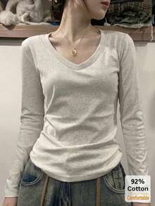 Women's Floral Grey V-Neck Long Sleeve T-Shirt, Autumn/Winter Inner Layer Base Layer, Slim Fit Flattering Solid Color Commuter Casual Top - Gray - View 3