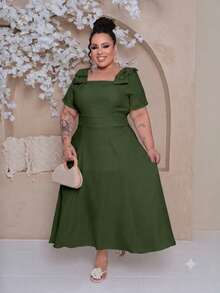 Women's Midi Plus Size Lined Dress With Square Neckline, Short Sleeves, Shoulder Bow, Padded Cups, And Elastic Back In Duna Linen - Elegant Party Dress - 軍綠色 - 查看 1