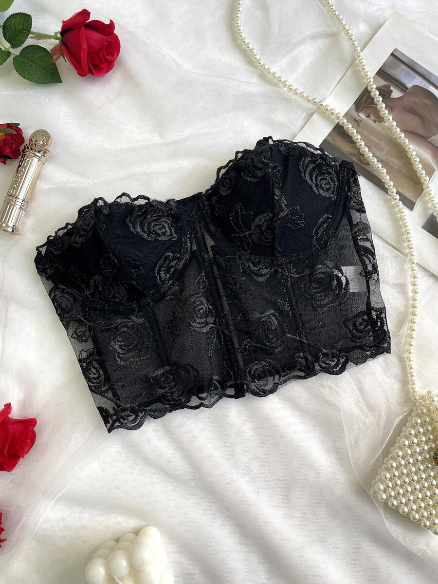 1pc Lace Rose Mesh Underwire Embroidered Sheer Fitted Bustier Top