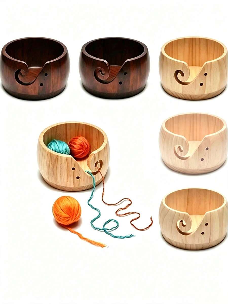 1pc Wooden Yarn Bowl, Knitted Knitting Storage Basket With Handmade Holes To Prevent Slipping, Suitable For Crochet Knitting DIY Art Craft Tools - Multicolor - View 1