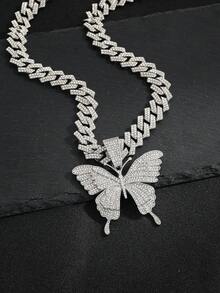 Liontin Kupu-kupu Kristal Berkilau 4 Warna dengan Rantai Cuban Tebal, Aksesori Leher Pernyataan Gaya Hip Hop Jalanan Unisex untuk Pasangan - Berbagai kalung kupu-kupu warna-warni - View 10