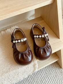 2026 New Girls' Leather Mary Jane Shoes, Vintage Style, Soft Sole, Comfortable, Versatile, Pearl Decor - Brown - View 2