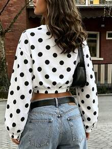 Chic Women's Polka Dot Crop Sweatshirt Fall Long Sleeve Round Neck Rib-Knit Hem Lounge Top - White - View 3