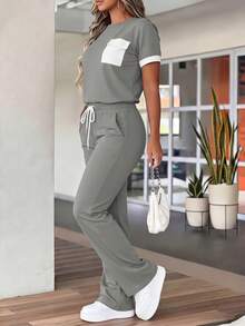 Women's Spring/Summer New Round Neck Short Sleeve T-Shirt And Casual Daily Elastic Waist Loose Long Pants 2-Piece Set, Fashionable Contrast Color Pocket Casual Home Sports Leisure Outfit - Grey - View 9