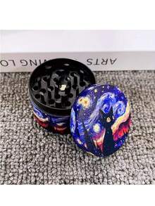 1PC, 50MM-4 Layer Zinc Alloy Metal Grinder, Oil Painting Cat Design Metal Crusher, Smoking Accessory Tool, Outdoor Portable Hand-Rolled Grinder, Holiday Gift! Valentine's Day Gift! - Purple - View 2