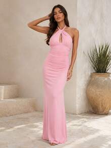 Women's Sexy Elegant Backless Spaghetti Strap Fitted Pink Maxi Dress, Perfect For Formal Occasions And Special Events - Pink - View 7