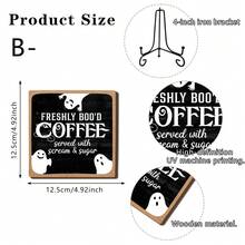 1件黑色背景木製咖啡吧裝飾牌，附幽默「Coffee」文字與幽靈蝙蝠設計，適用於餐廳壁爐、辦公室及萬聖節派對裝飾 - 多色 - 查看 10