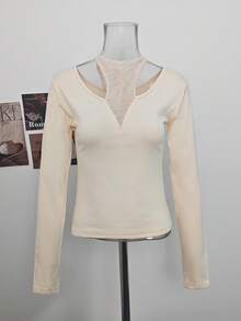 Kaos Wanita Model Halter Neck Patchwork Renda Terbaru Musim Gugur, Potongan Slim Fit, Atasan Lapisan Dasar yang Menawan untuk Musim Panas - Aprikot - View 8