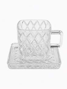 Square Textured Glass Coffee Cup & Saucer Set, Thick Transparent Espresso Cup With Handle, Woven Or Diamond Pattern, Dishwasher , Suitable For Coffee, Latte, Tea, Breakfast, Home & Office - Multicolor - View 11