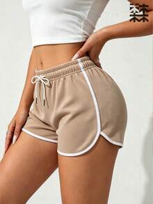 mulinsen Women's Athletic Shorts, Elastic Drawstring, Patchwork Hem, Quick-Dry Running Shorts, Suitable For Fitness Training And Daily Jogging - Khaki - View 2