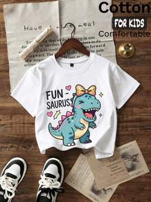 Summer/Autumn Short-Sleeved Cotton T-Shirt For Girls, Featuring A Cartoon Dinosaur Print In A Cute And Sweet Style - White - View 2