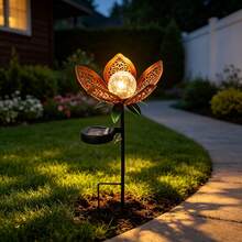 Solar Powered Hollow Metal Lotus Flower Stake Light Waterproof Cracked Glass Ball LED Lawn Lamp Outdoor Garden Yard Path Landscape Decorative Light - Tulip Flower Pick - View 6