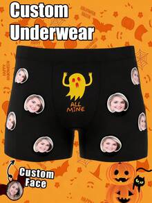 Men's Custom Blonde Female Face Yellow Ghost & "ALLMINE" Text Print Black Polyester Boxer Briefs, Halloween Humorous Romantic Couple Gift & Daily Wear - Multicolor - View 1