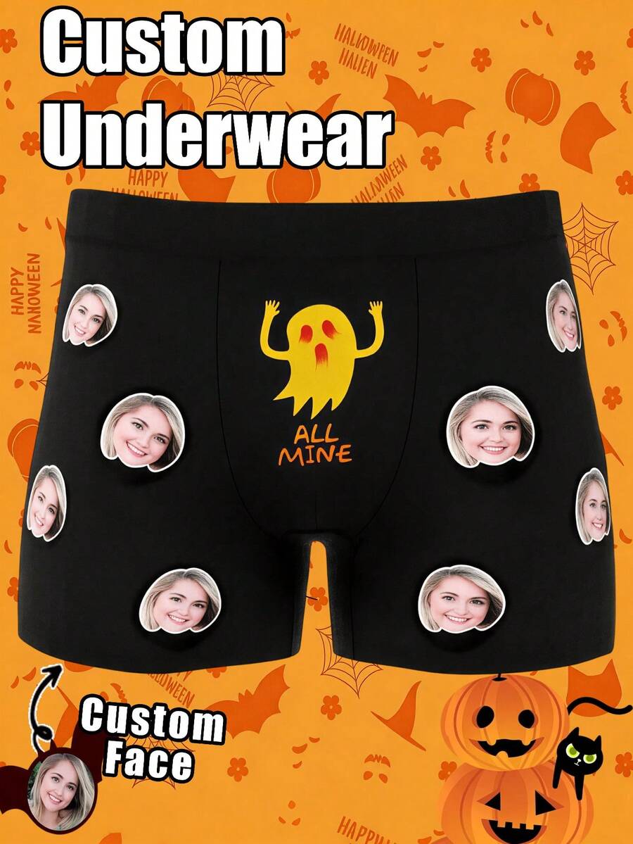 Men's Custom Blonde Female Face Yellow Ghost & "ALLMINE" Text Print Black Polyester Boxer Briefs, Halloween Humorous Romantic Couple Gift & Daily Wear - Multicolor - View 1