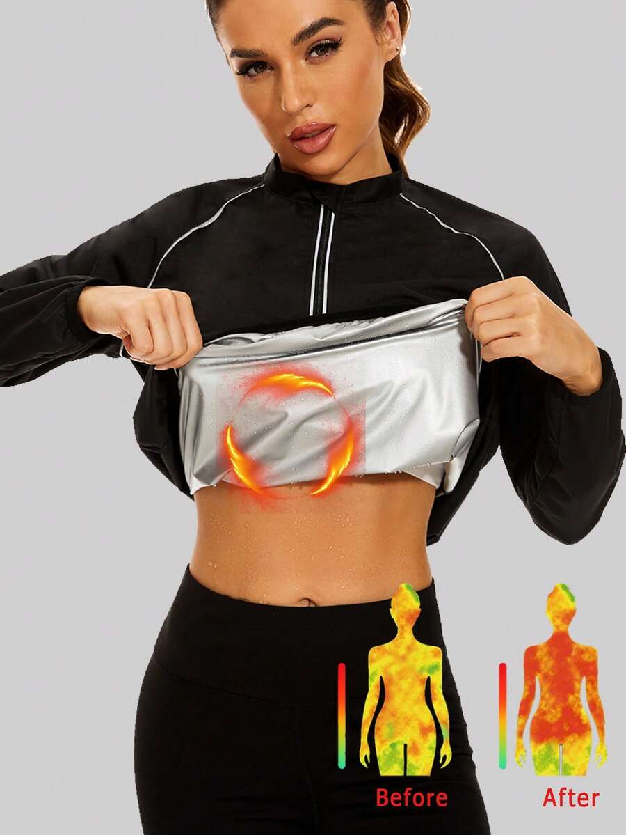 Sauna Shirt For Women Weight Loss Sweat Sauna Suits Heat Trapping Long Sleeve Body Shaper Workout Jacket Sports Black - Black - View 1