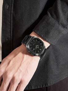 GUSALAI GUSALA 1pc Boxed Men's Niche Premium Minimalist Square Case Casual Business PU Leather Strap Watch, Suitable For Daily Wear, Holiday Gift, Christmas, Year-End - Black - View 3