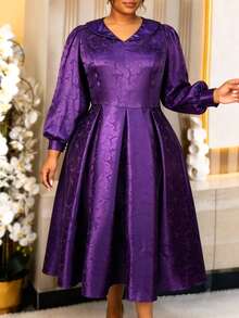 Plus Size Elegant Purple Textured Jacquard A Line Maxi Dress Lapel V Neck Long Lantern Sleeve Formal Church Prom Party Fall Outfits For Women - Purple - View 4