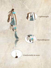 Yanxyad Bohemian Style Turquoise Jewelry Set, Sliding Necklace, Feather Tassel Pendant Earrings And Multi-Layer Wrapped Bracelet, Concert Accessories Women's Gift - Blue - View 6