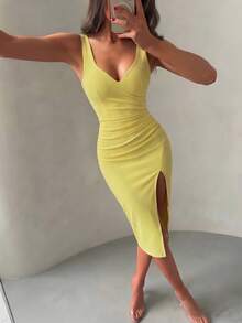 Vestido Maxi Elegante y Sexy con Tirantes de Espagueti, Fruncido, Abertura Asimétrica, Ajustado, Amarillo, para Mujer, Noche, Discoteca, Cóctel y Fiesta - Amarillo - Ver 4