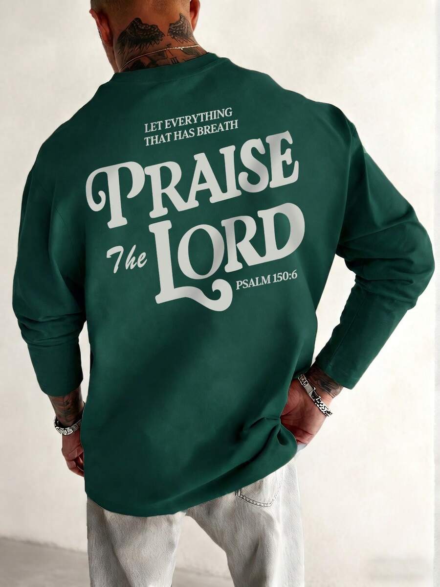 American Healing Style Vintage Floral Bible Verse Print Long Sleeve T-Shirt, Soft Skin-Friendly Oversize Lazy Outerwear Base Layer Tee For Men - Dark Green - View 1