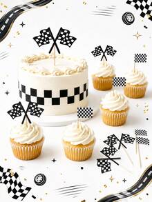 44pcs-Checkered Racing Glitter Double Flag And Checkered Cupcake Toppers; Black Glitter Racing Finish Line Checkered Flag Cupcake Toppers, Checkered Racing Flag Toothpicks, Suitable For Racing Flag Theme Baptism Party Cup Decoration, Racing Birthday Party Decoration, Sports Theme Event Checkered Flag Decoration - Multicolor - View 10