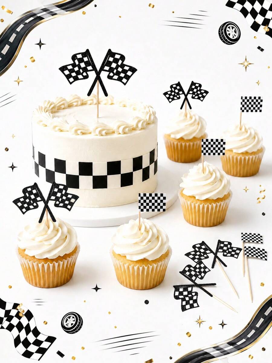 44pcs-Checkered Racing Glitter Double Flag And Checkered Cupcake Toppers; Black Glitter Racing Finish Line Checkered Flag Cupcake Toppers, Checkered Racing Flag Toothpicks, Suitable For Racing Flag Theme Baptism Party Cup Decoration, Racing Birthday Party Decoration, Sports Theme Event Checkered Flag Decoration - Multicolor - View 1