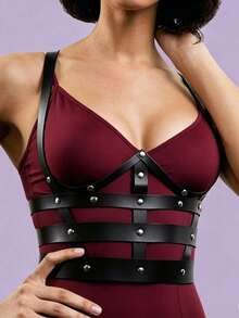 1pc Women's Punk Gothic Style Dark Black Personalized Fashion Outerwear Corset Leather Lace-Up Corset Leather Harness Suitable For Stage Performance Music Festival Party Gathering Commute Matching - Black - View 6