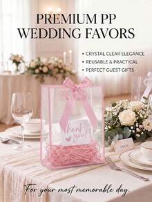 1/3/10pcs Set - Transparent Gift Bags With Pink Edges, Satin Bows And Raffia, Reusable Clear PP Tote Bags, Perfect For Weddings, Bridal Showers, Birthday Gift Wrapping, Baby Showers And Elegant Gift Packaging. - Pink - View 9