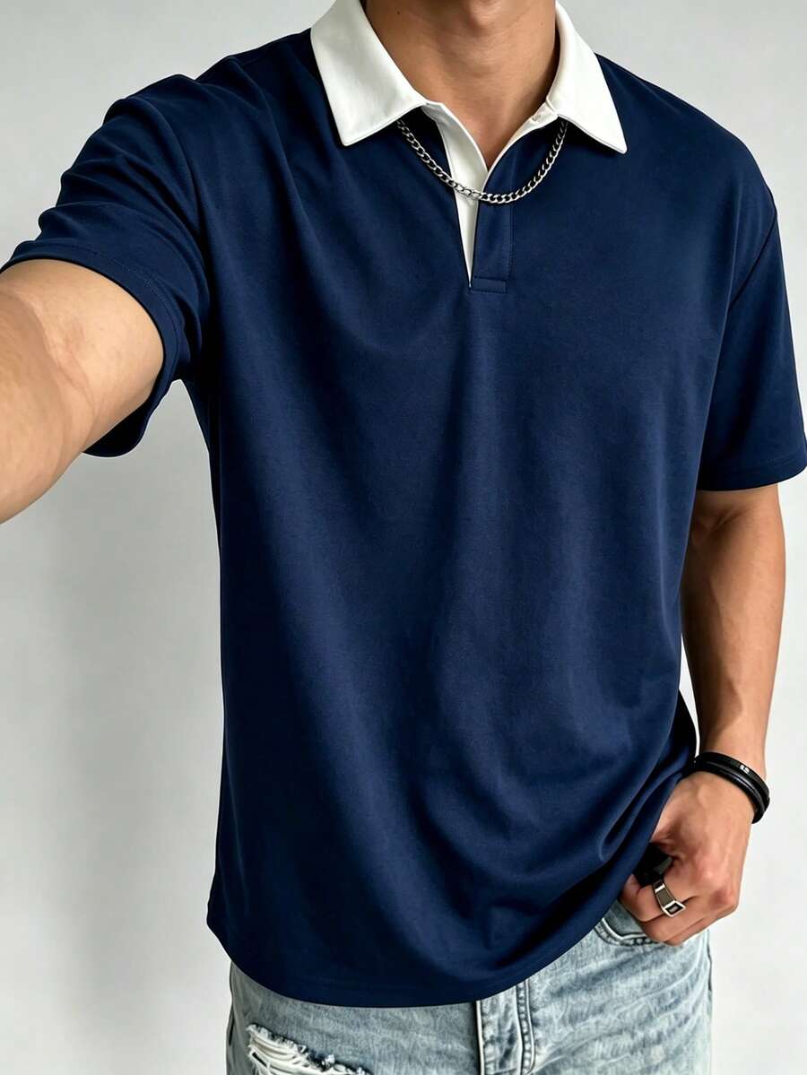 男士夏季時尚經典拼接寬鬆落肩POLO衫，適合日常社交與商務活動