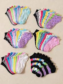 1/5/10/20 Pairs Random Solid Color Vertical Striped Sweat-Absorbent Soft Versatile Women's Short Socks Boat Socks - Multicolor - View 3