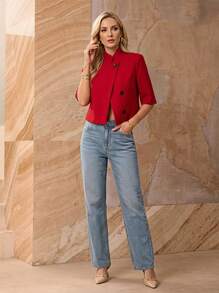 Glazenia Women's Regular Fit Short Style Blazer, Ladies Business Suit Jacket, Women's Graduation Ceremony Attire Summer Red - Red - View 2
