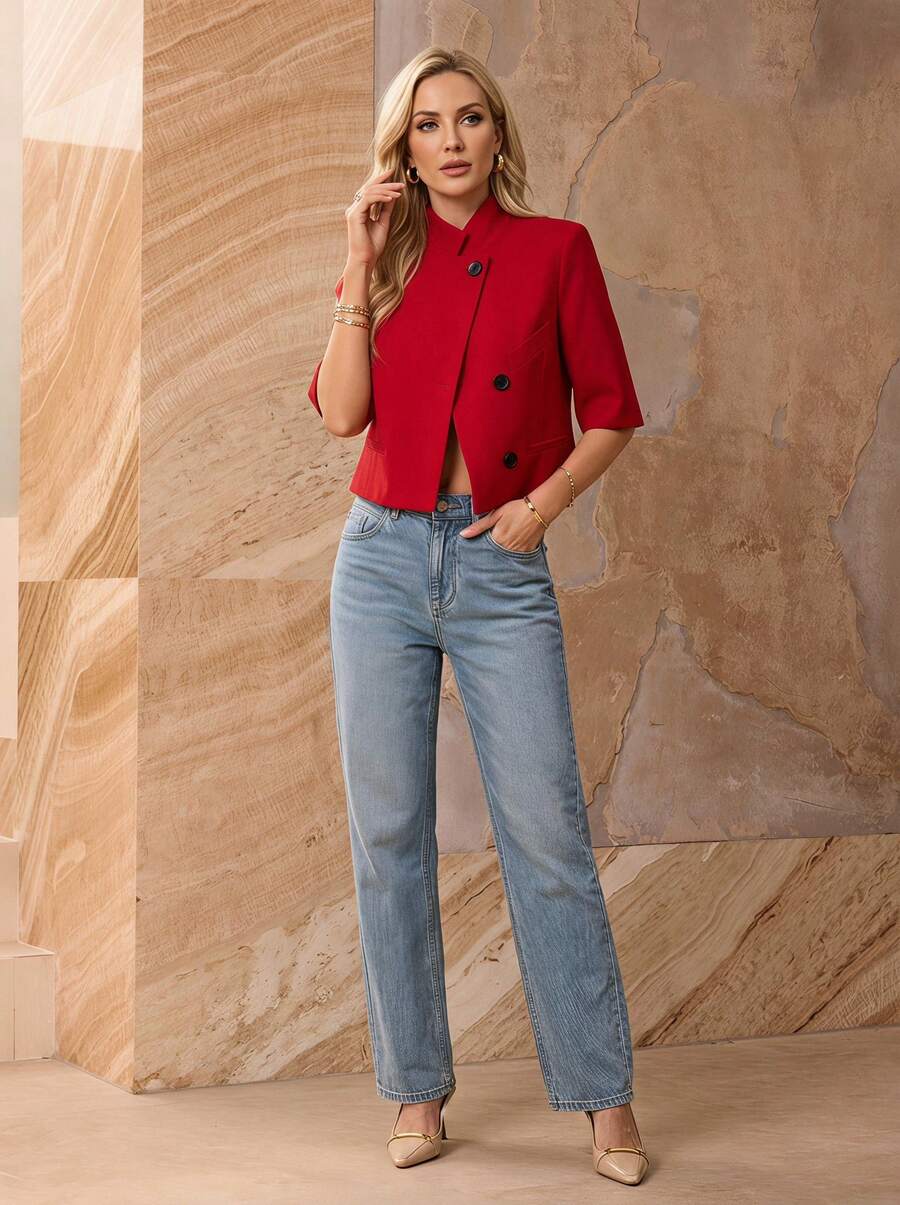 Glazenia Women's Regular Fit Short Style Blazer, Ladies Business Suit Jacket, Women's Graduation Ceremony Attire Summer Red