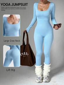 Women's Long SleeveCrewNeck Jumpsuit, Cinched Waist Butt Lifting Figure FlatteringOutfit,StretchySportswearforWinterFitnessRunningDailyOutdoor Wear - 藍色 - 查看 1