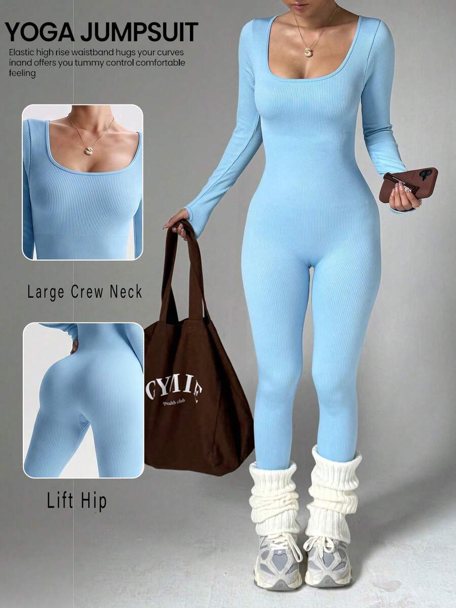 Women's Long SleeveCrewNeck Jumpsuit, Cinched Waist Butt Lifting Figure FlatteringOutfit,StretchySportswearforWinterFitnessRunningDailyOutdoor Wear - 藍色 - 查看 1