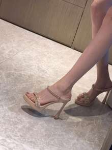 2026 New Gold Rhinestone Braided Shiny High Heel Sandals, Thin Strap Square Toe Open Toe High Heel Wedding Party Height-Increasing Women's Shoes - Gold - View 6