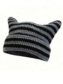 1pc Women's Handmade Knitted Hat, Y2K Striped Hat, Couple Cute Cat Ear Casual Hat, Suitable For Autumn/Winter Outdoor Sports, Street Fashion Matching, Christmas Winter Gift Cute - A - View 14