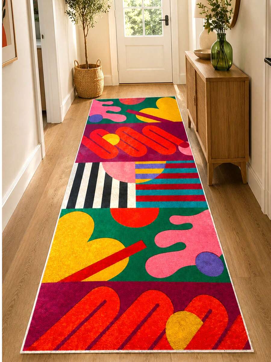 Heza Home Retro Postage Stamp Border Green Runner Rug, Washable Kitchen Rug, Textured Pattern Floor Mat For Living Room, Bedroom & Home Decor, Made In Türkiye - Red - View 1