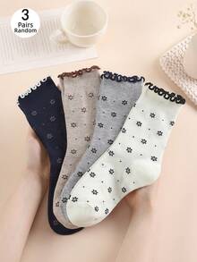 3 Pairs Multi-Size Women's Mid-Calf Socks, All-Season Vintage Ins Style, Full Body Floral Polka Dot Ruffle Lace Trim, Sweet Girl Luxury Style Women's Socks, Vintage Slouch Socks, Random Color - Multicolor - View 8
