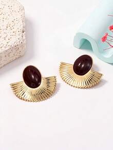 1 Pair Fashionable Retro Elegant Exaggerated Fan-Shaped Oval Stud Earrings, Luxury Vacation Party Banquet Women's - Exaggerated Fan-shaped Oval Stud Earrings - View 5