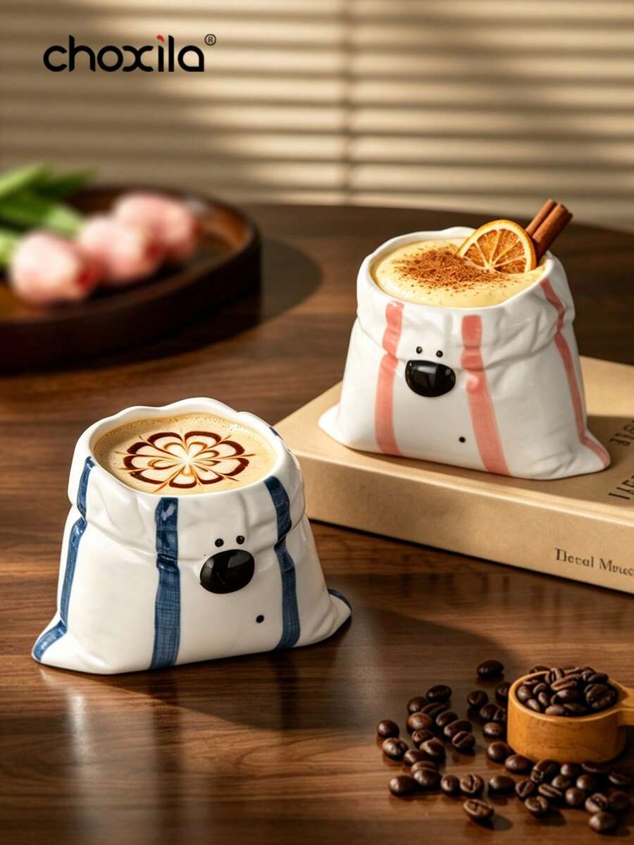 choxila 1 370ml Creative Cloth Patterned Handheld Cup, Cute Little Dog Ceramic Coffee Cup With Pleated Bag Design, Innovative Latte Cup, Suitable For Home, Office, Afternoon Tea And Daily Use - Puppy-shaped Cup - View 1