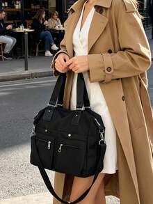Tas Tote Wanita Minimalis Serbaguna Warna Solid Bahan Nilon dengan Banyak Kantong, Tas Tangan Gaya Mahasiswa Kapasitas Besar untuk Kembali ke Sekolah dan Liburan, Tas Bahu Ringan Kasual untuk Aktivitas Luar Ruangan, Perjalanan, Belanja, dan Perjalanan, Tas Selempang untuk Kerja, Bisnis, dan Perjalanan Sehari-hari - Hitam - View 6