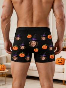Men's Custom Smiling Female Face Witch Hat & Pumpkin Lantern Pumpkin Print Black Polyester Boxer Briefs, Halloween Romantic Humorous Couple Gift & Daily Wear - Multicolor - View 3