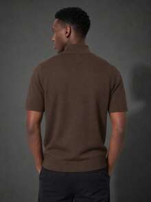 Camvyn Men's Summer Fashion Versatile Airplane Collar Zipper Design Short Sleeve Knit Sweater, Suitable For Commuting, Daily Casual Wear - Brown - View 2