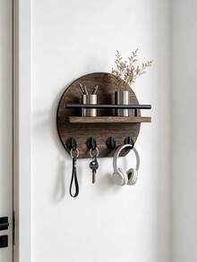 1 Stück runder Holz-Schlüsselhalter mit Wandmontage und Regal, 4 Metallhaken, Eingangsbereich-Organizer, modernes hängendes Aufbewahrungsregal für Schlüssel, Taschen und kleine Gegenstände, Wohndekoration für Flur, Schlafzimmer, Wohnung, Einweihungsgeschenk - Verschiedenfarbig - Übersicht 12