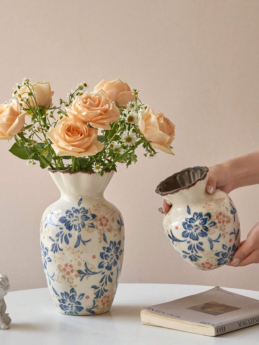 1pc Vintage Ceramic Flower Vase, Ivory Crackle Glaze With Delicate Floral Vine Pattern, Wavy Rim French Country Home Decor For Fresh & Dried Flowers, Majlis, Living Room & Dining Table Centerpiece, Ramadan Eid Housewarming Gift