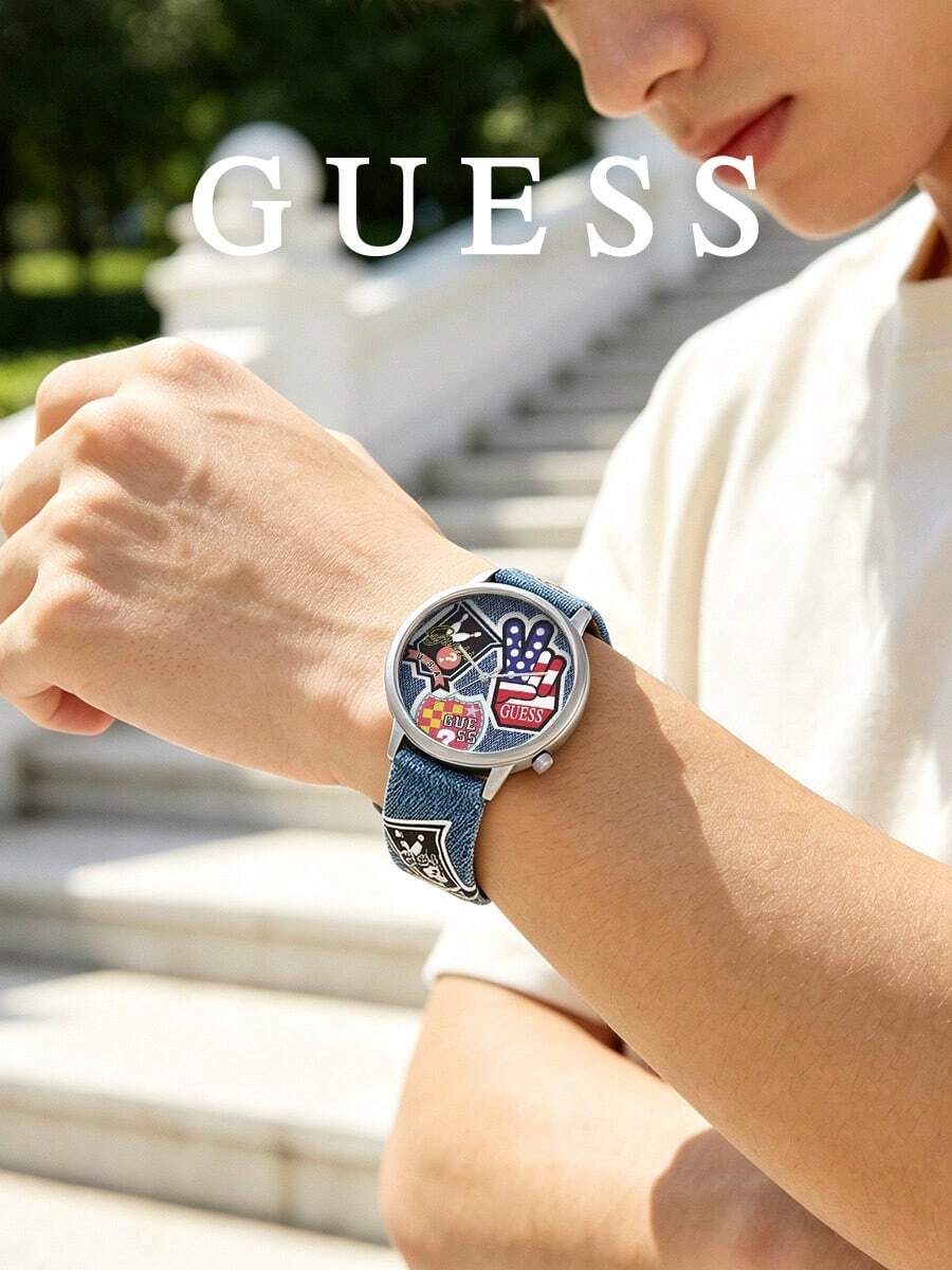 Guess Women's Denim Strap Watch, Round Dial, College Style Patchwork Pattern, Analog Quartz Watch, Vintage American Casual, Weekend Outdoor Daily Wear, Gift For Her - Denim Print - View 1