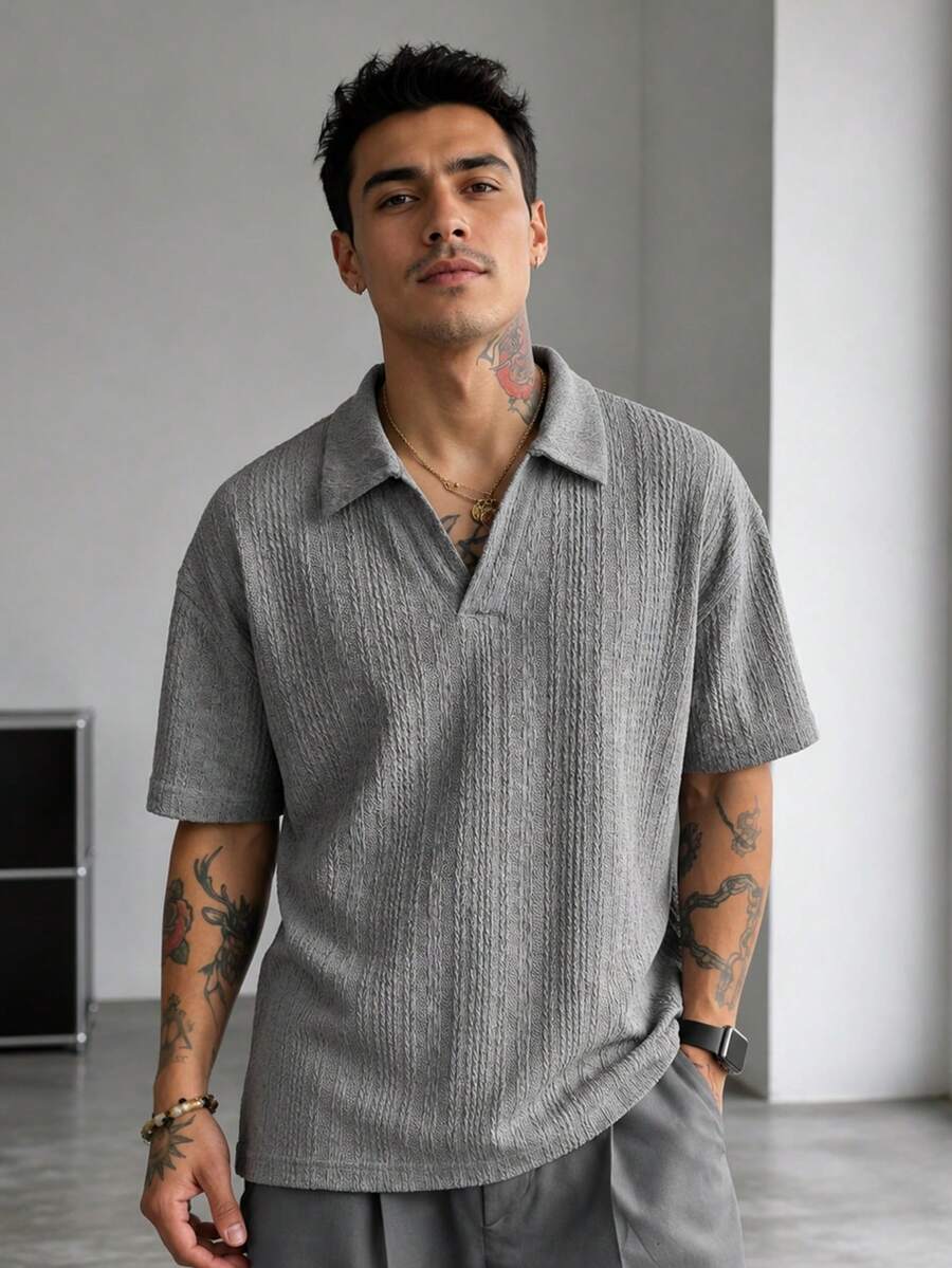 1pc Blueprint Man Men's Polo Shirt, Gray Textured Jacquard Collar Polo Shirt, Drapey Breathable Knit Fabric, Wrinkle-Resistant, Comfortable And Easy Care, Mature Gentleman Style For Daily, Commute, Light Business, Casual Wear, Men's Gift - Grey - View 1